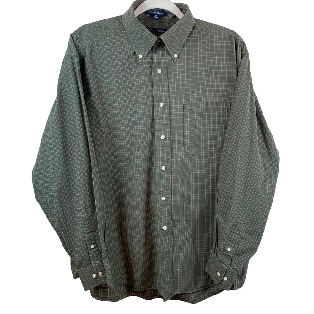 Tommy Hilfiger Weekend Classics Mens 16 34-35 Green Windowpane‎ Cotton Shirt - Picture 2 of 7